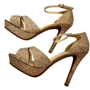 Touch Ups Shoes 9 Gold Glitter Platform Open Toe High Heel Pump Stiletto